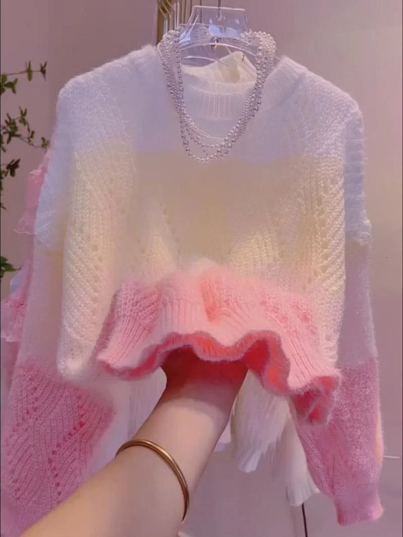 Lazy Style Colorful Hollow Knit Top For Women's Spring Autumn New Sweet Color Blocking Round Neck Long Sleeved Pullover Sweater
