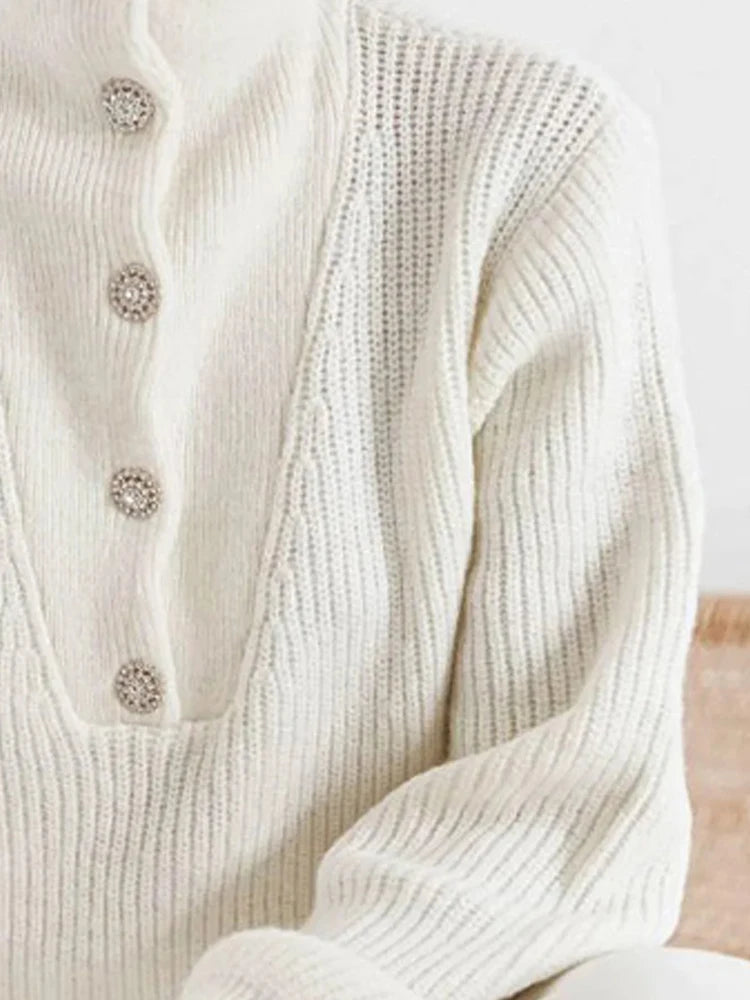 Casual White Pullovers Sweaters Female Fashion Long Sleeves Buttoned High-Neck Sweater Tops Fall Clothes 2025 Women