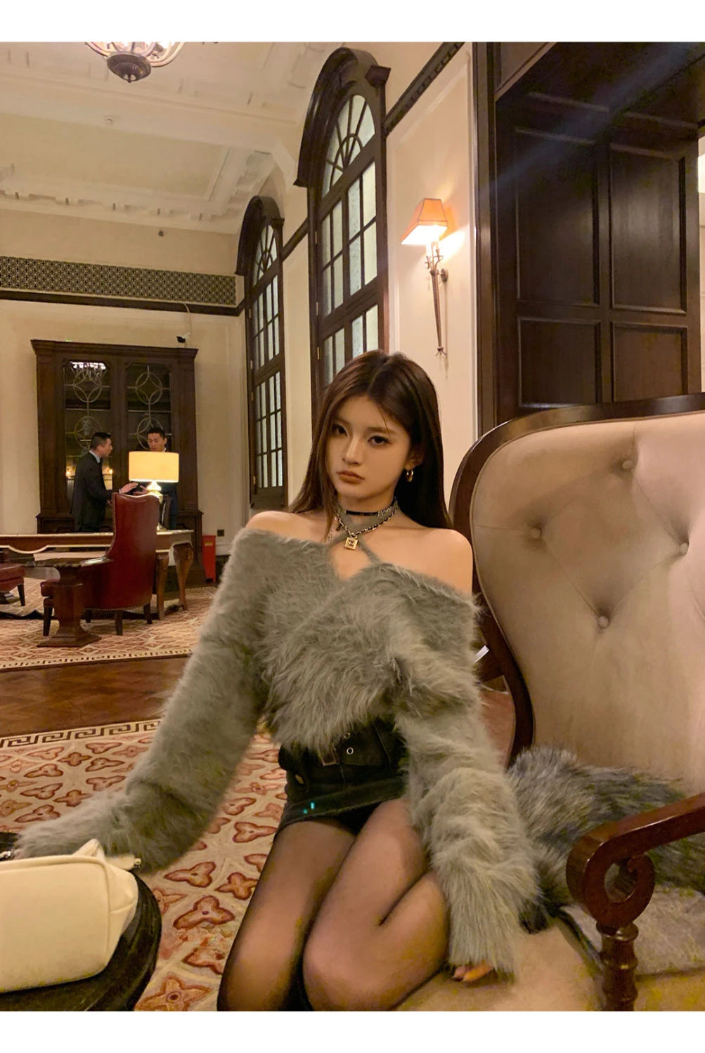 Korean High-end Design Halterneck Off-shoulder Loose Sweater Short Women's Casual Imitation Mink Fur Versatile Spring Summer Top