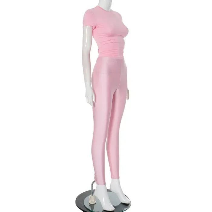 Two Piece Set for Woman Streetwear Solid Round Neck Short Sleeved T-shirt Top and Tight Pants Suit Spring and Summer 2025 New