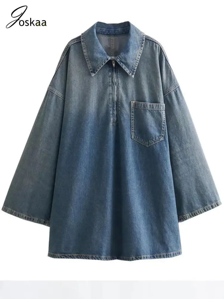 Joskaa Fashion Blue Denim Dress Women Hipster Lapel Zipper Pocket Full Sleeve Loose Mini Dresses 2025 Spring Vintage Streetwear