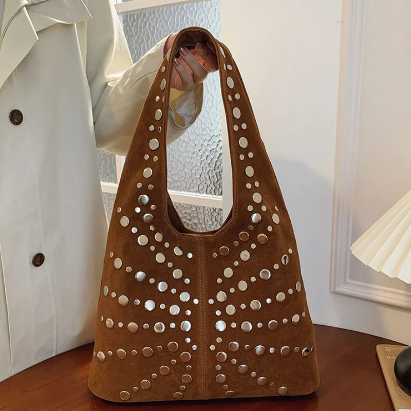 Polka Dot Rivet Tote Bag Women's Fashion Trend Texture Shoulder Bag High-end Luxury Suede Bucket Bag Commuter Female Handbag