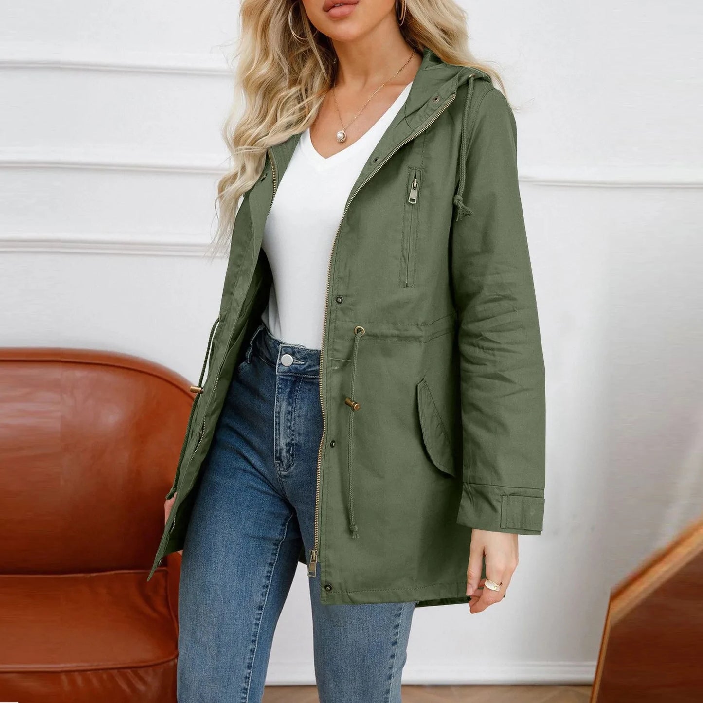 Women's Hooded Trench Coat Spring Autumn Fitted Solid Color Jacket for Daily Outdoor Camping Hiking