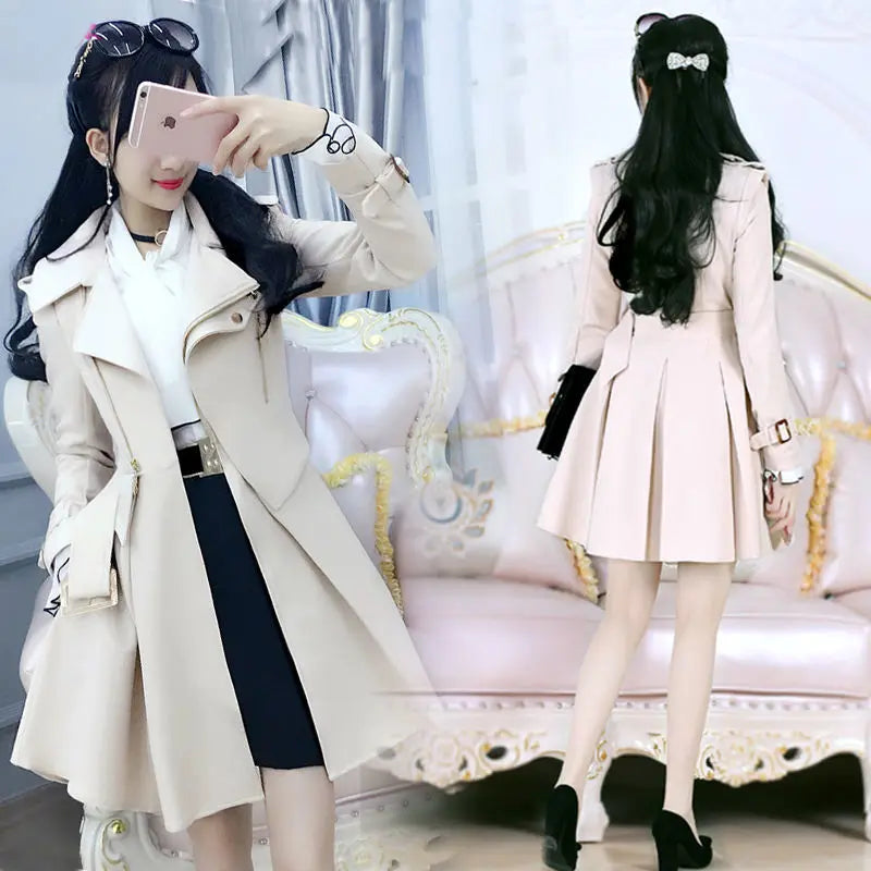 2025 Spring and Autumn Women's Windbreaker Beige British Trench Coat Mid Length Long Sleeved Fashionable Clothing