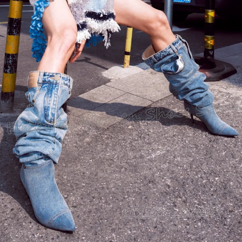 Pocket Over The Knee Boots Denim Cloth Slip-On Bottom Solid Color Novelty Fashion Concise Sexy Hot Girls Shoes Pointy Thin Heels