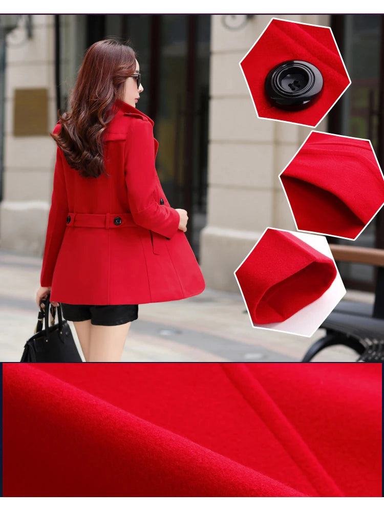 Autumn Winter Women Double Breasted Woolen Coat Solid Color Lapel Slim Fit Short Ladies Wool Jacket S-3XL