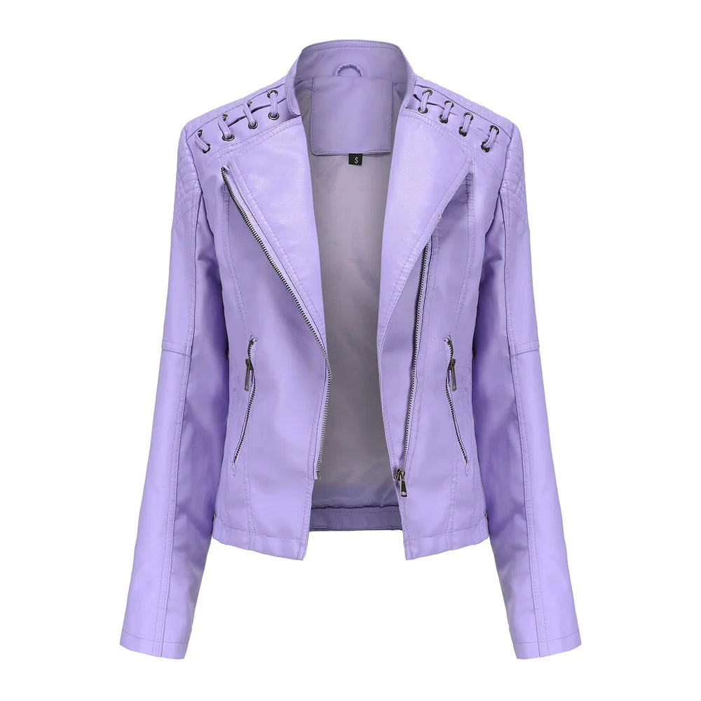 Spring Autumn Leather Jacket Women Slim Fit Motor Biker PU Leather Short Coat Stand Collar Ladies Zipper Outerwear 2024 New