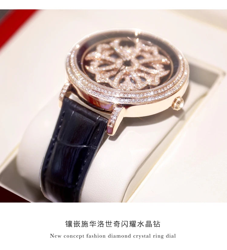 Luxury Davena Spin Snow Flower Women's Watch Japan Mov't Crystal Lady Hours Fine Fashion Real Leather Bracelet Girl's Gift Box