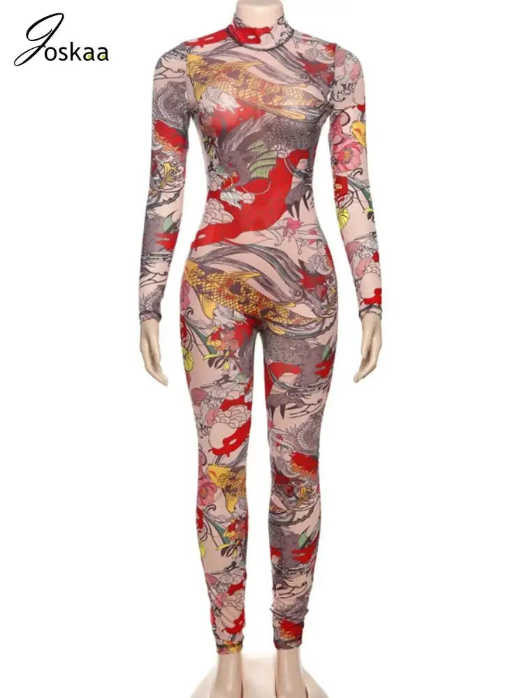Joskaa Colorful Print Mesh Backless Jumpsuit Women Sexy See Through Full Sleeve Skinny Overalls 2025 Coquette Midnight Clubwear