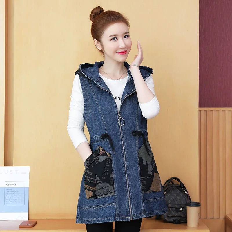 Mid-length Waist Collection Slimming Hooded Cowboy Vest Female 2024 Spring Autumn Korean Version Casual All-matching Vest Coat X