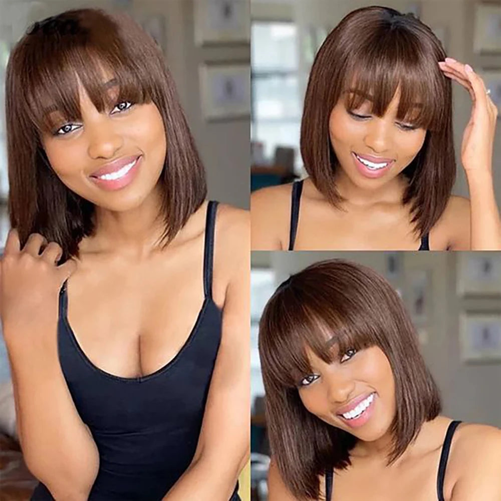 Straight Human Hair Bob Wigs with Bangs Remy Full Machine Made for Women Hightlight Burgundy Brown Colored BOB Wig