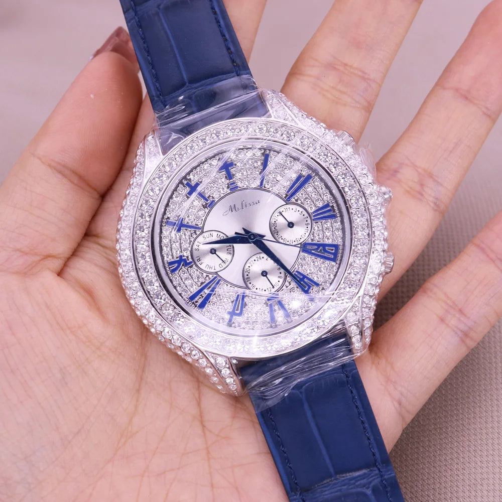 Luxury Unicorn Melissa Women's Watch Rhinestone Crystal Fashion Hour Real Leather Bracelet Clock Girl's Birthday Gift Box