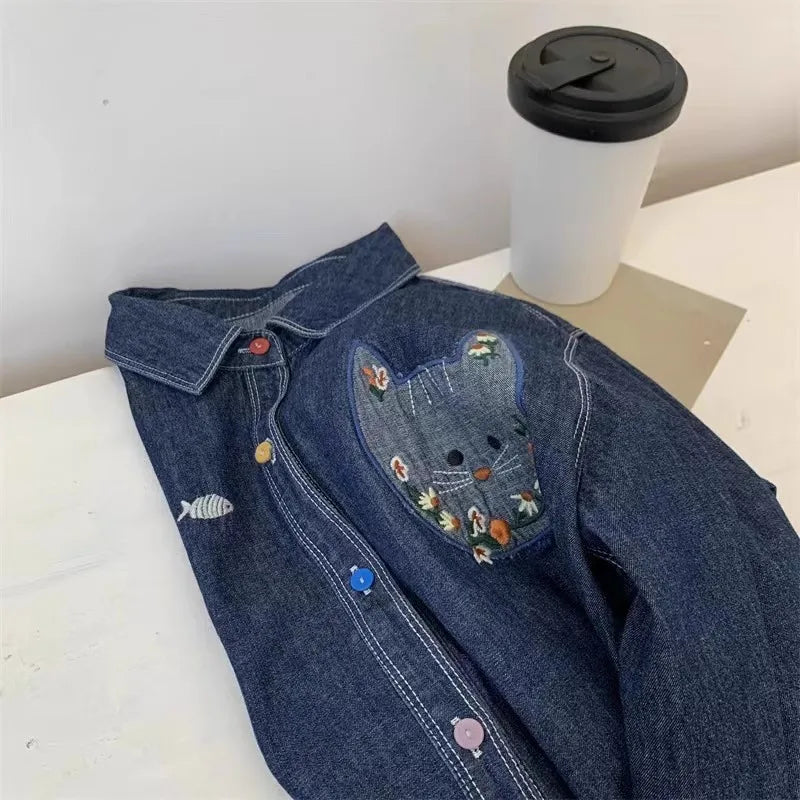 Korean retro dark blue denim long-sleeved shirt women's spring and autumn new fashion plus size loose coat embroidered shirt top