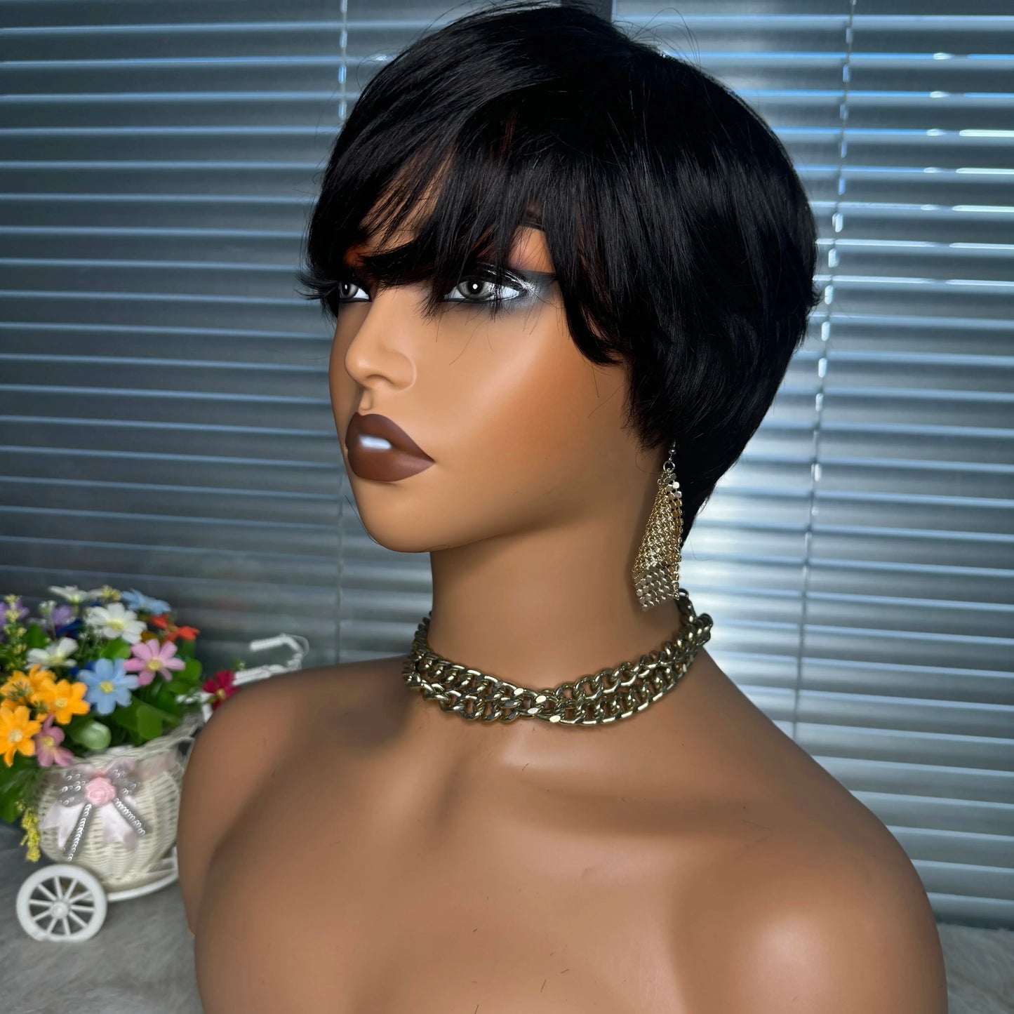 613 Honey Blonde Straight Short Pixie Bob Cut Wig With Bangs Indian Human Hair Full Machine Wig For Black Women