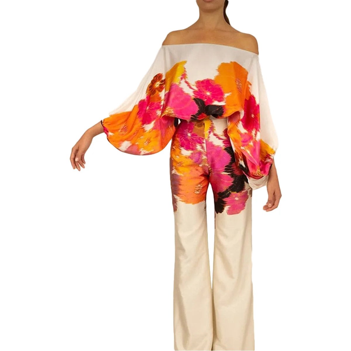 CM.YAYA Women Set Full Batwing Sleeve Slash Neck print Top + Wide Leg Pants Summer Street Two 2 Piece Sets Sexy Outfit Tracksuit