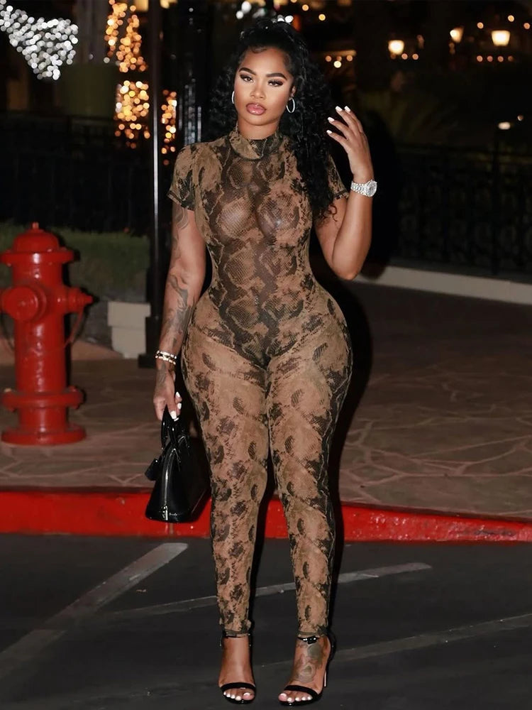 Weird Puss Serpentine Jumpsuit Women See Through Backless Short Sleeve Sexy Fit Summer Workout Overalls Stretch Button Clubwear