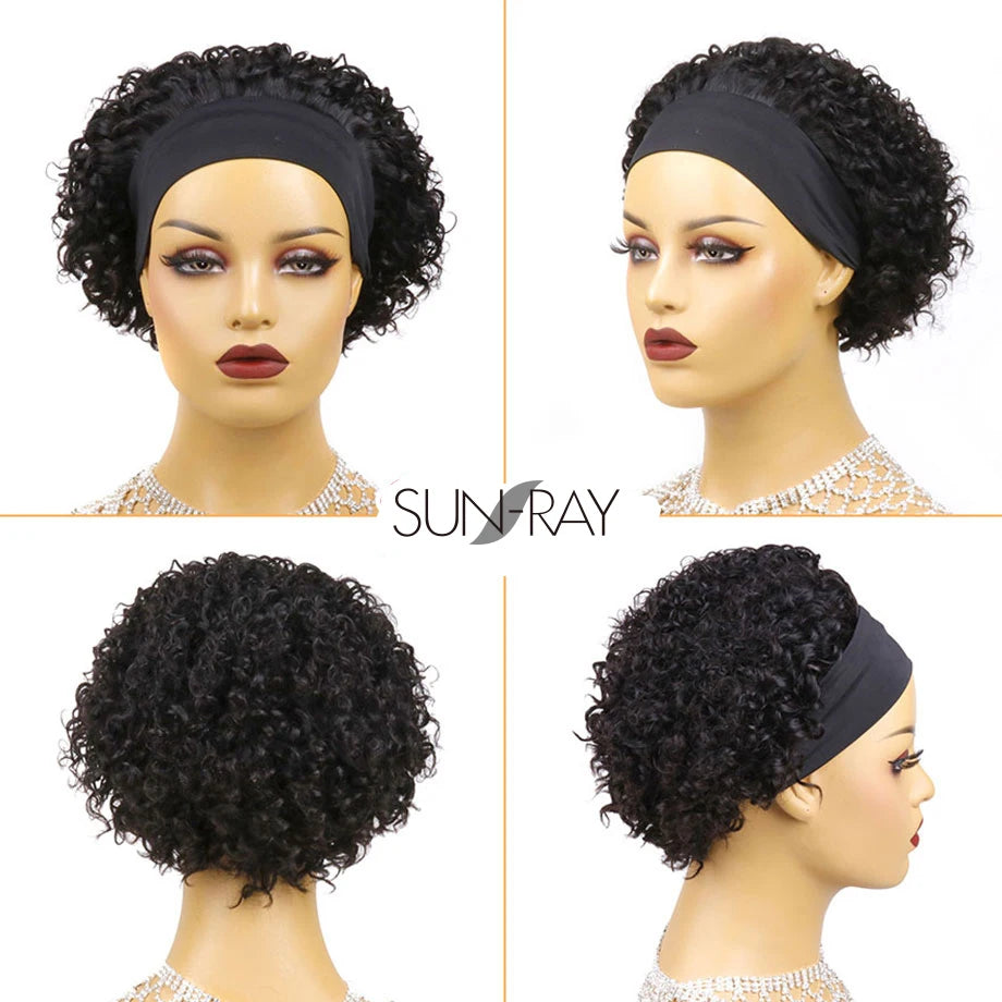 Short Curly Pixie Cut Headband Wig Water Wave Remy 100% Brazilian Human Hair Scarf Wigs For Women Machine Made Long Straight Wig