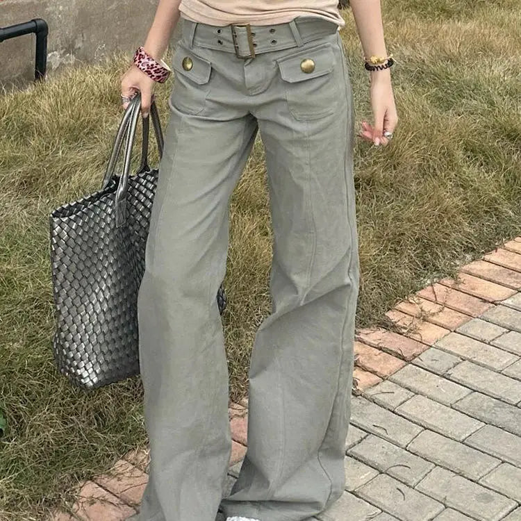 American Block Multi-pocket Functional High-waist Composite Design Waist Work Pants Women Gray Straight Slimming Floor Trousers