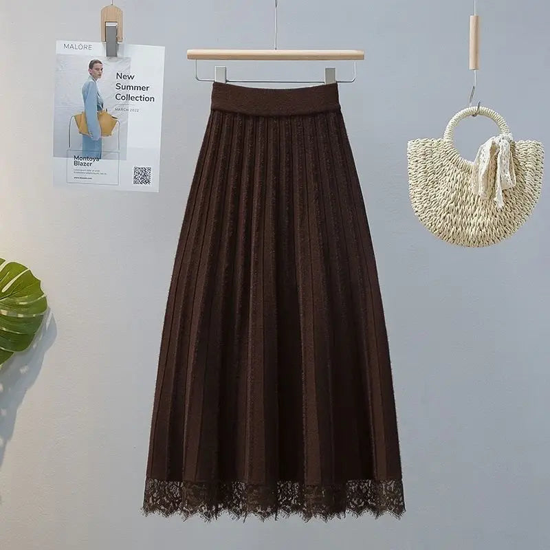 High Waist Knitted Pleated Midi Skirt With Lace Details for Women