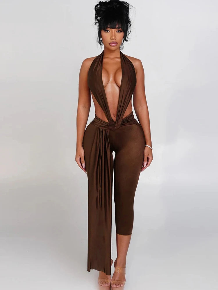 Weird Puss Patchwork Halter Romper Women Ribbon Sleeveless Elastic Backless Workout Activewear Midnight Activity Slim Playsuits