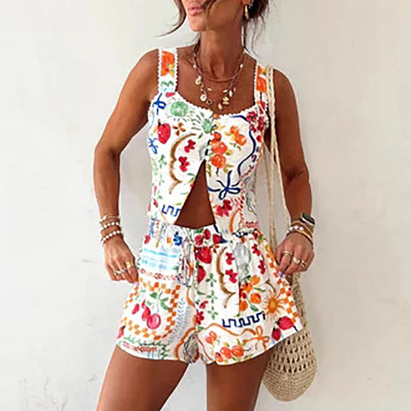Bohemian Lace Up Shorts Beach Suit Fashion Hollow Out Backless Summer Two Piece Vacation Printed Suspenders Top Women's Outfits