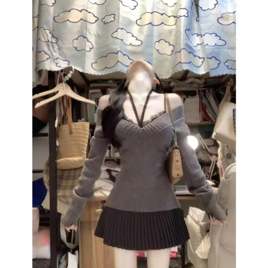 2025 New Spring and Autumn New Chinese Style Chest Show Big and Thin Top V-neck Sweater+Lace Inner+Short Skirt 3-Piece Set