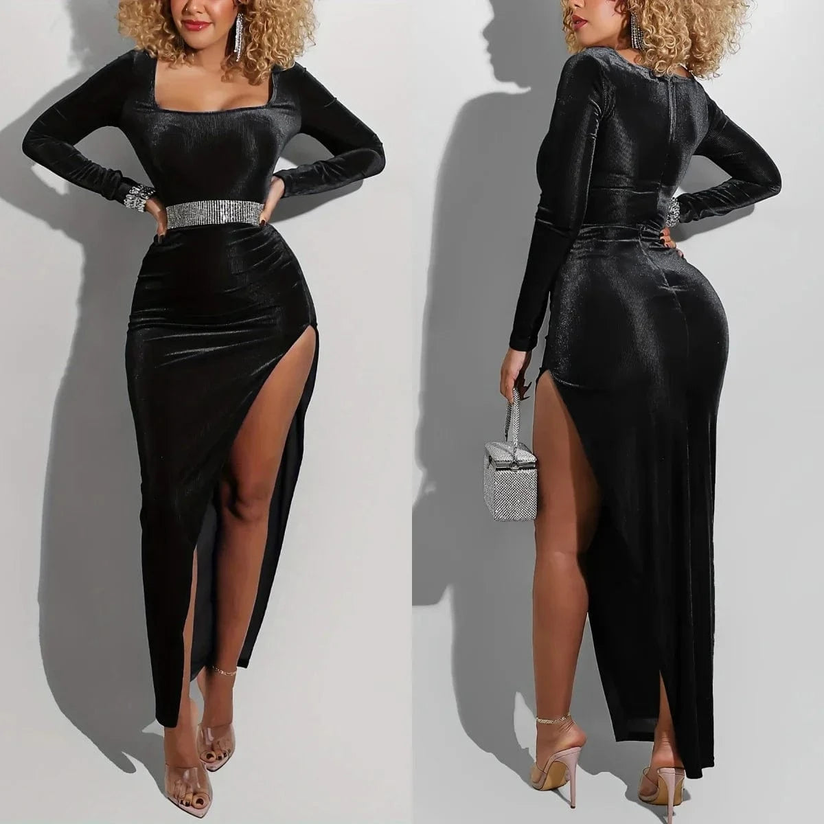 Womens Sexy Bodycon Velvet Long Sleeve Maxi Dress with Split Elegant Fall Dresses for Wedding Guest Club Party