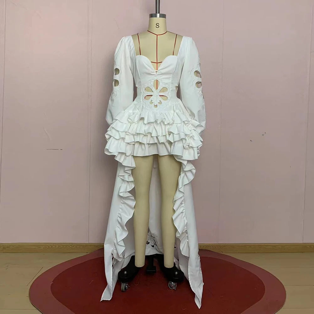 White Floral Cutout Puff Sleeve Gown With Asymmetric Train for Women