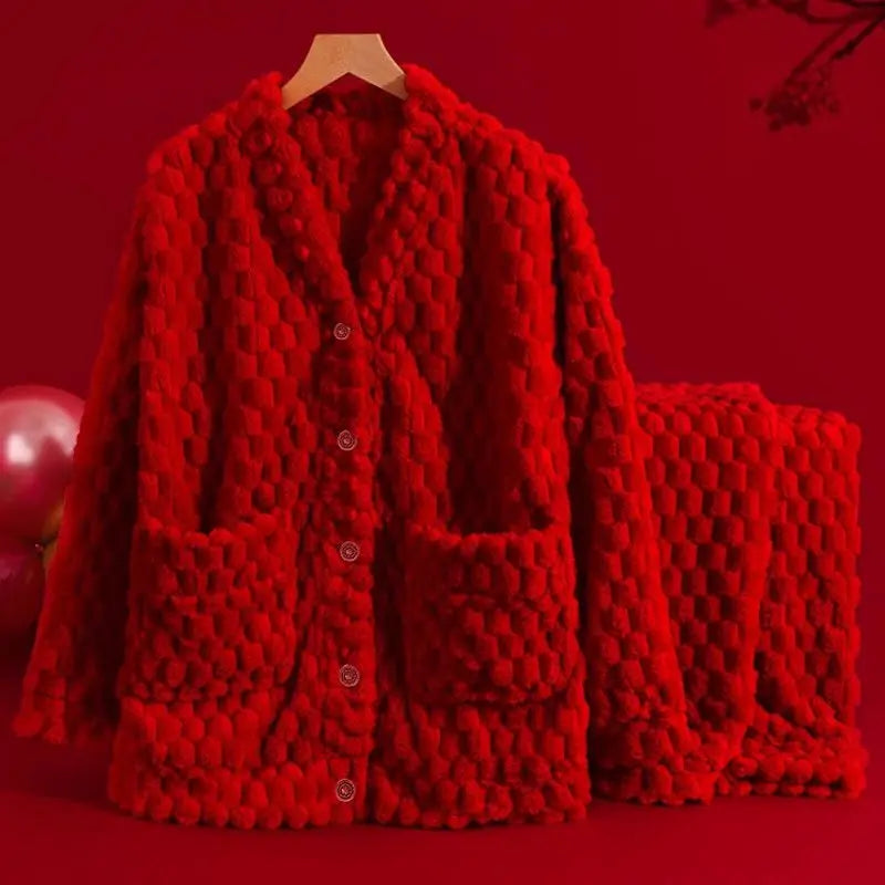 5XL Stripes Women's Flannel Cardigan Home Fur Solid Color Loose Coral Velvet Pajama Set Autumn/Winter Pants Two Piece Suit Red