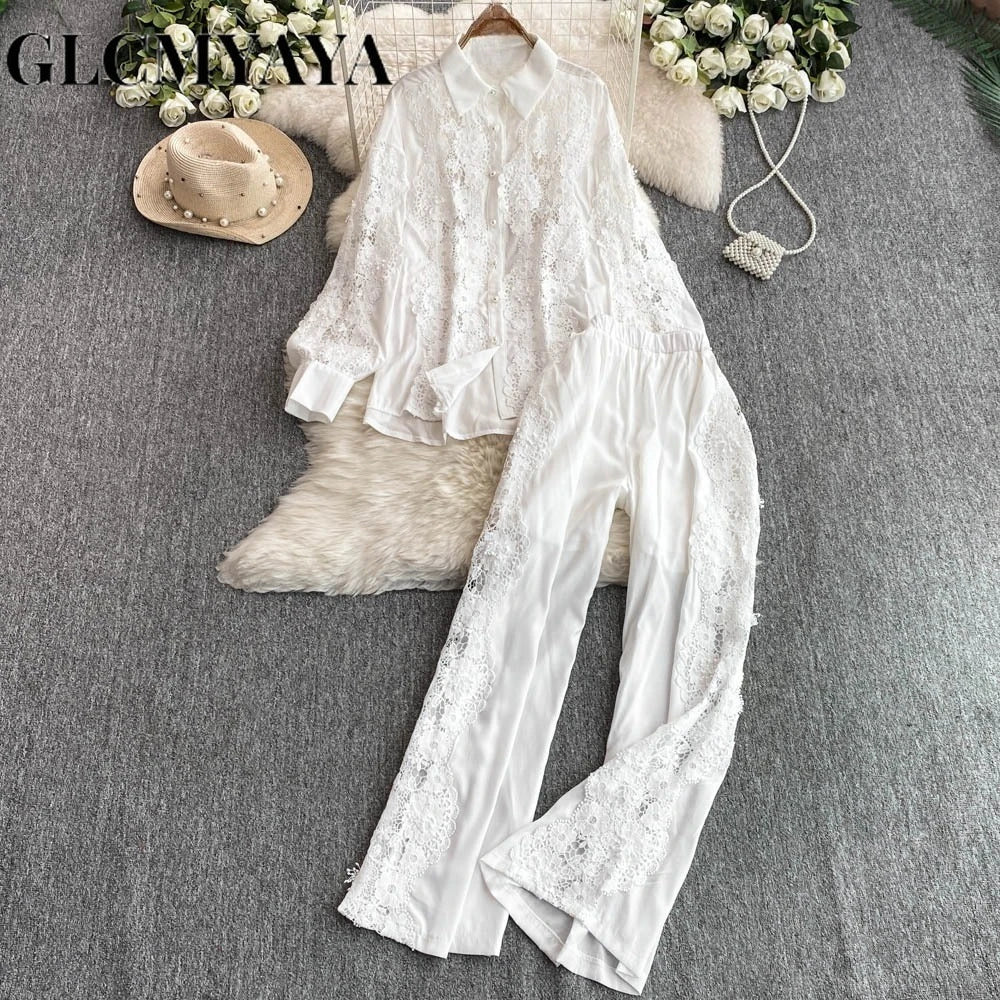 CM.YAYA Fashion Lace Embroidery Patchwork Women's Set Long Sleeve Shirt and Wide Leg Pants 2025 Vacation Two 2 Piece Sets Outfit