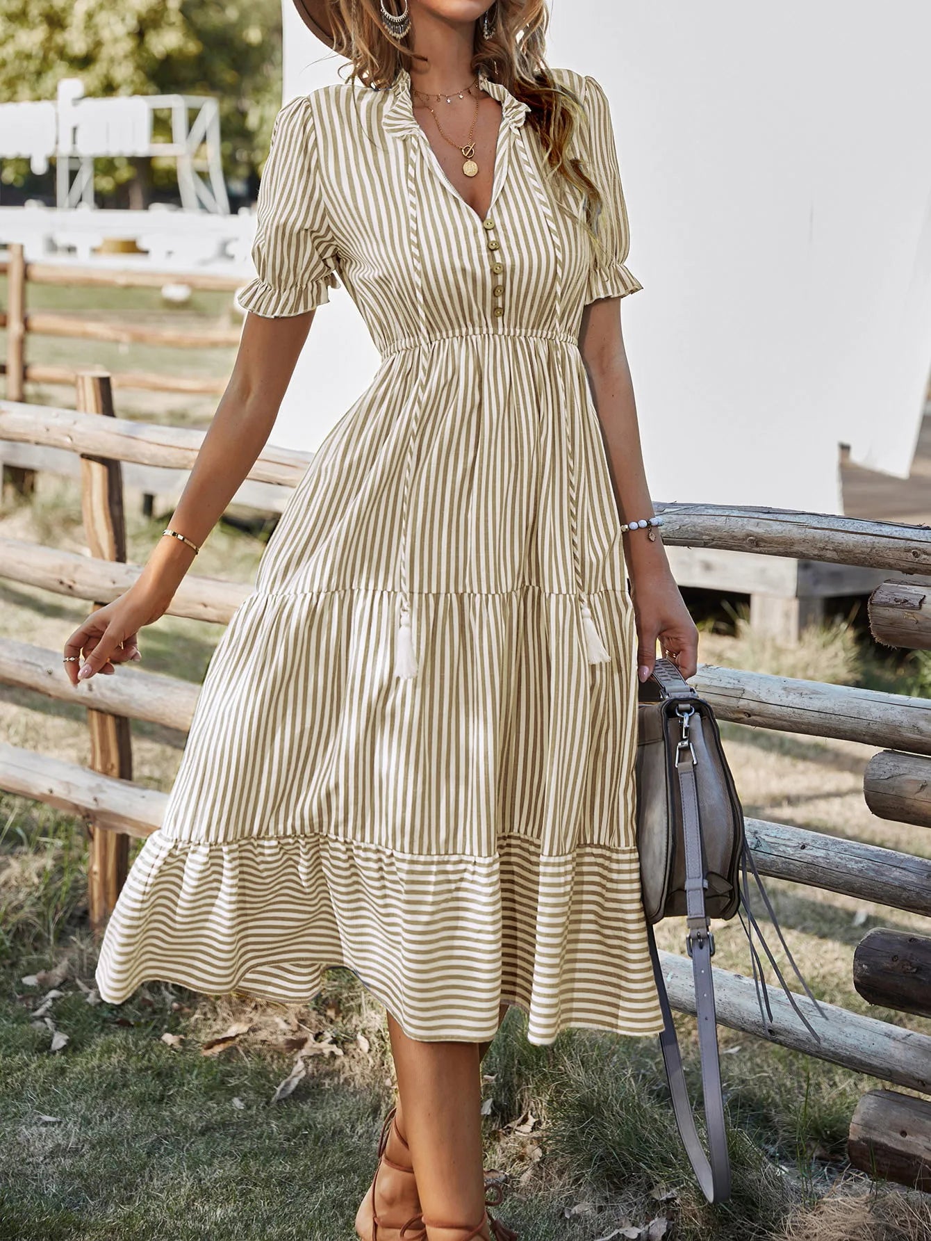 Summer Women's Striped Short Sleeve V-Neck Elastic Waist Dress