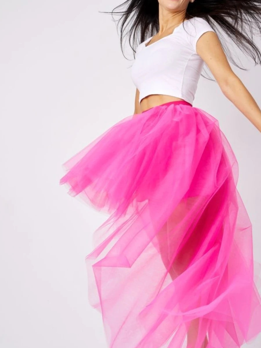 MisShow Hi-Lo Tulle Petticoat Women's Long Four Layer Puffy Skirt Fuchsia Tutu Skirts Adult Junpon Goth For Party Cocktail