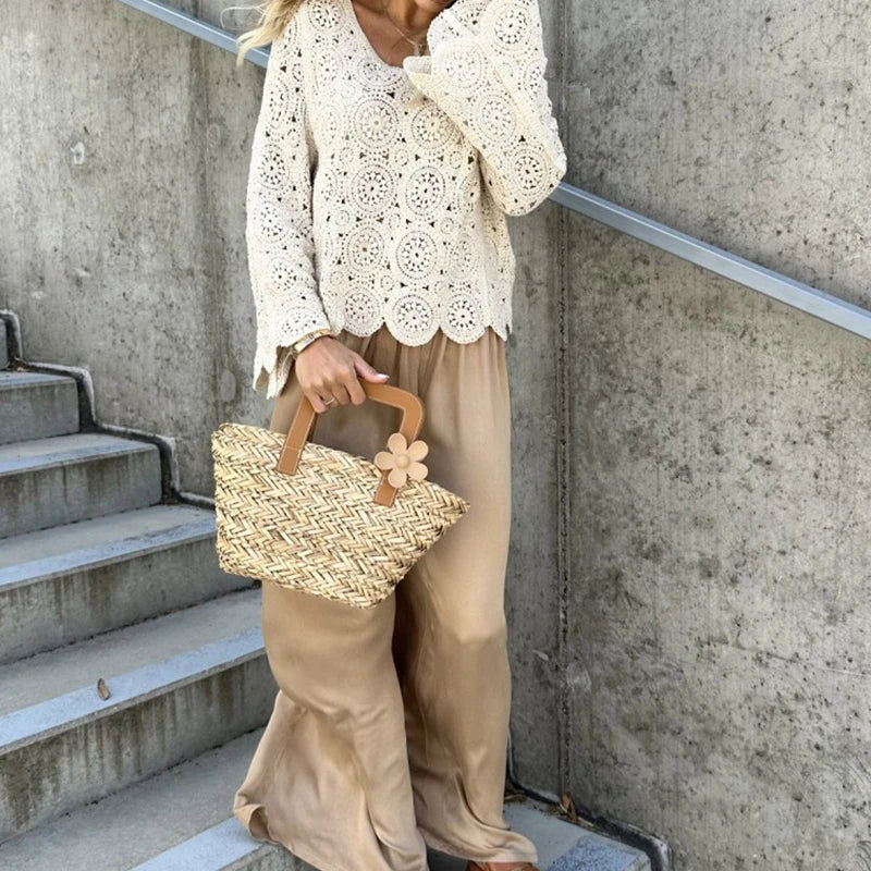 New Casual Solid Color Beach Cover Tees Sexy V-neck Long Sleeved Crochet Top Summer Vacation Hollow Out Knitted Women's T-shirt