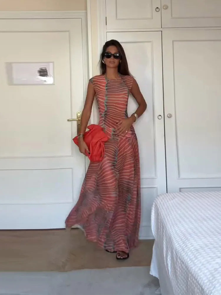 Chic Printed Contrast Women's Skirt Suit Sexy O-neck See Through Sleeveless Bodysuit High Waist Skirts Female 2025 Summer Outfit