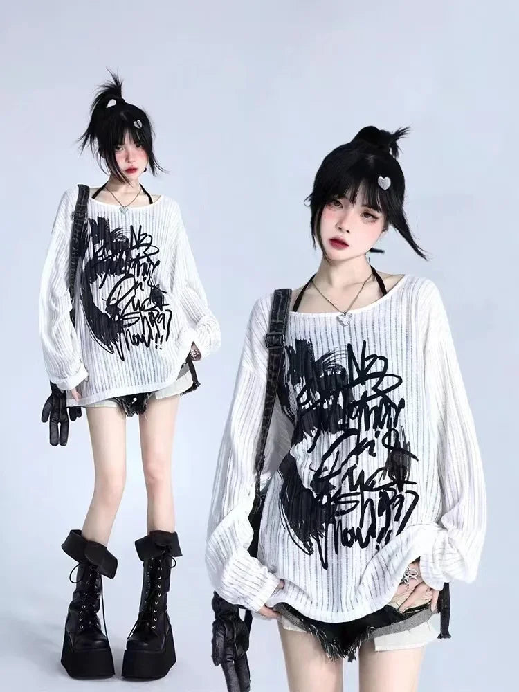 White Inner Long Sleeve T-Shirt Women's Graffiti Printing Sun Protection Cover Up Loose-Fit Knitted Top Pure Desire Top