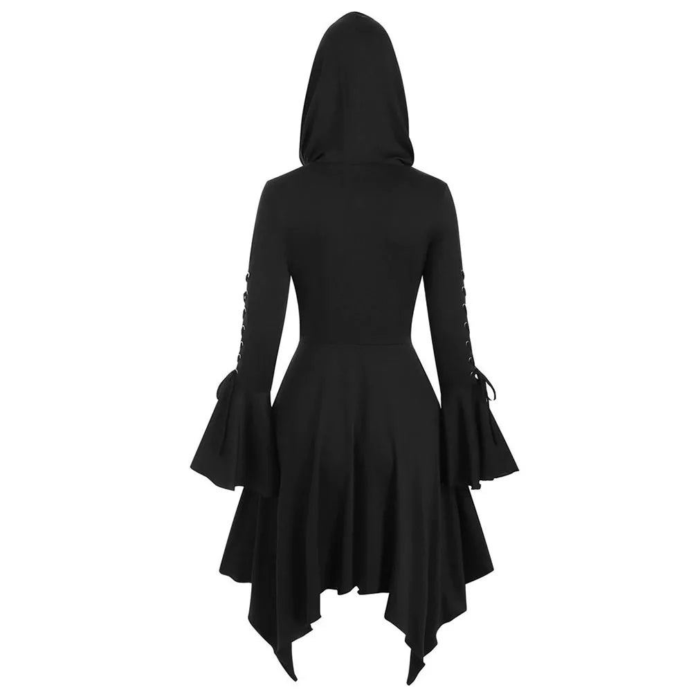 Halloween Women's Gothic Hooded Ruffle Flared Sleeve Lace Up Cloak Cape Tunic Tops Ladies Party Witch Costume Size S-2XL