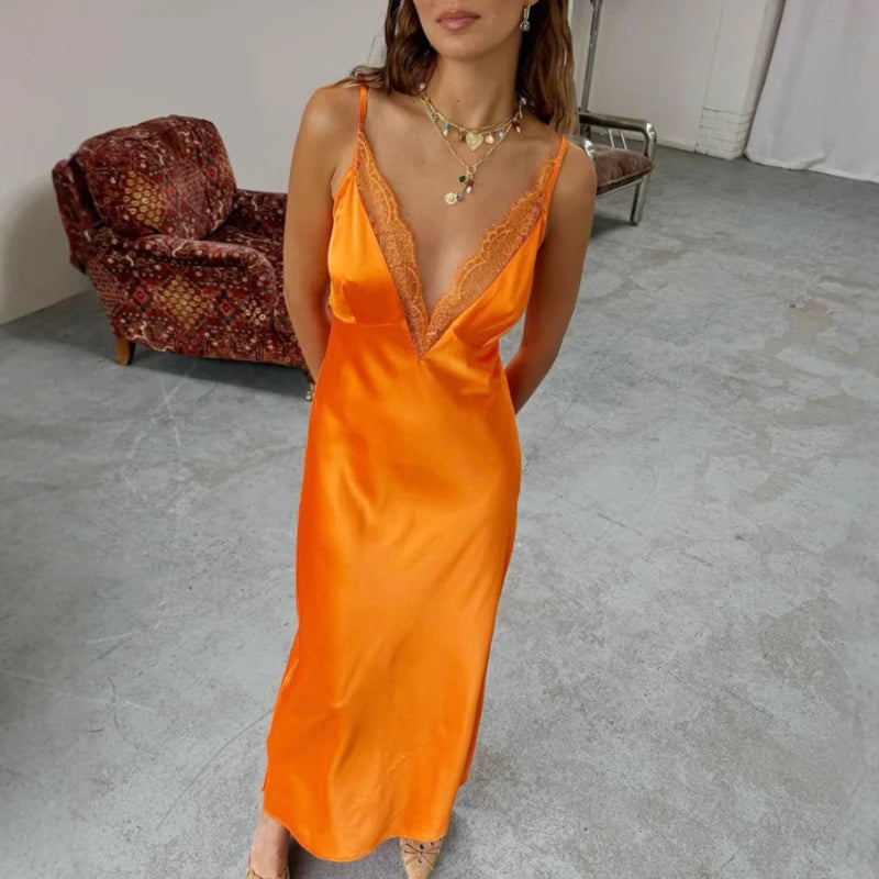 Lace Trim V-Neck Sleeveless Ankle Length Maxi Dress for Women