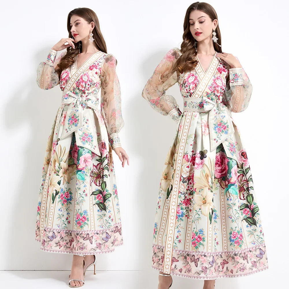Retro Court Style V-Neck Lace Lantern Sleeve Belted Waist Design Large Print Dress Floral Print Women's Dress Fashionable Gown