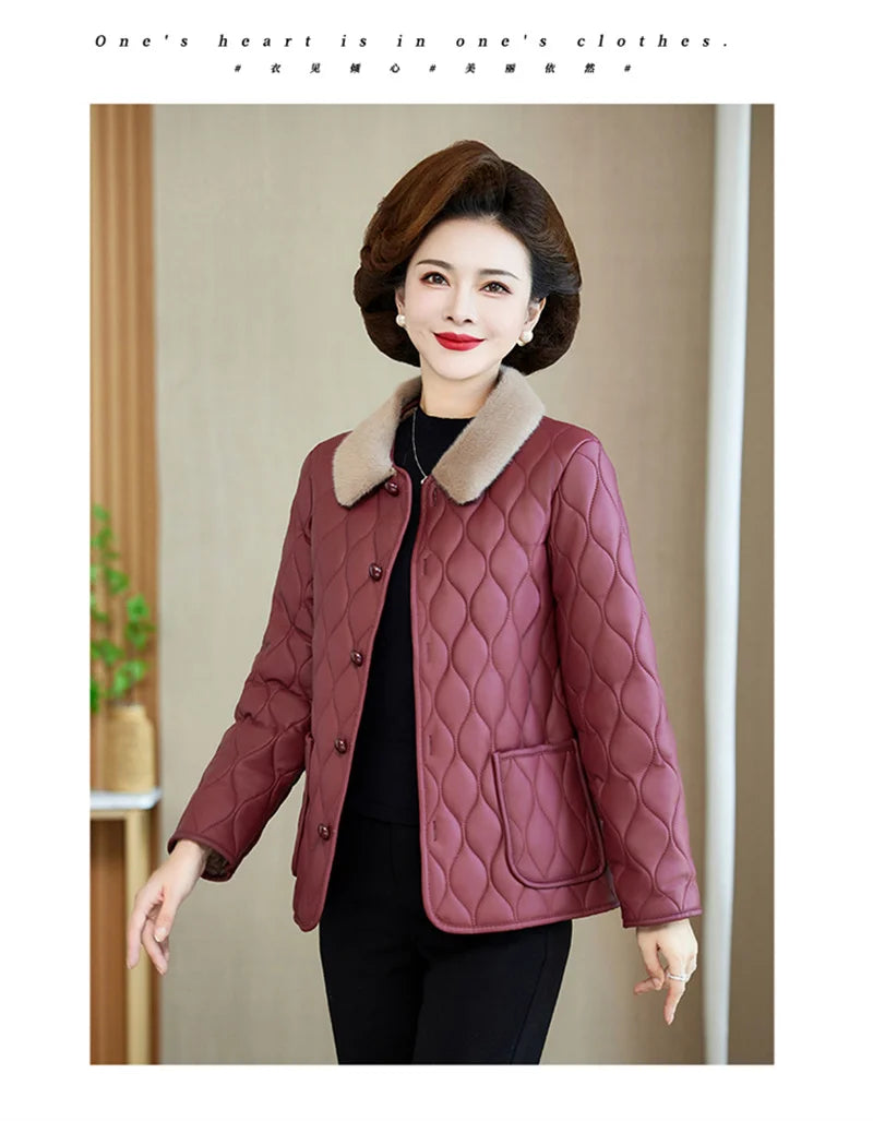 Winter Plush Jacket Winter Mom's Fashion Plus Size Loose Thick Fur Collar Coat For Mid-Aged Women With Velvet Warm Quilted Coat