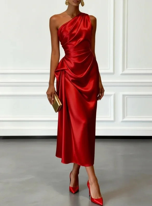 Elegant Satin Sleeveless Evening Party Midi Dress for Women