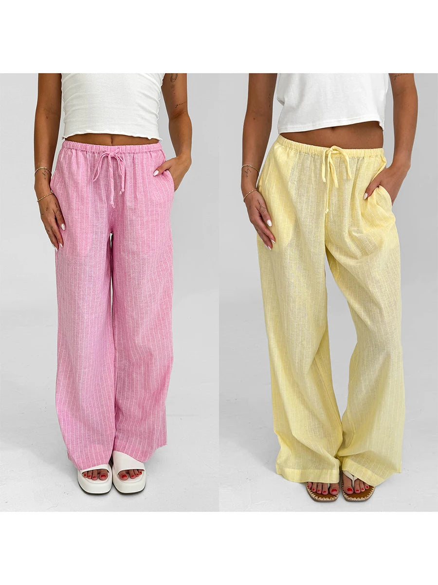 Women Loose Pants Stripe Micro-Sheer Drawstring Elastic Waist Trousers Spring Fall Casual Sweatpants Bottoms