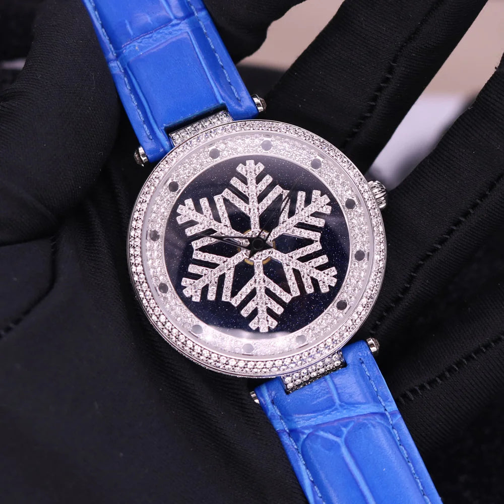 Luxury Davena Spin Snow Flower Women's Watch Japan Mov't Crystal Lady Hours Fine Fashion Real Leather Bracelet Girl's Gift Box