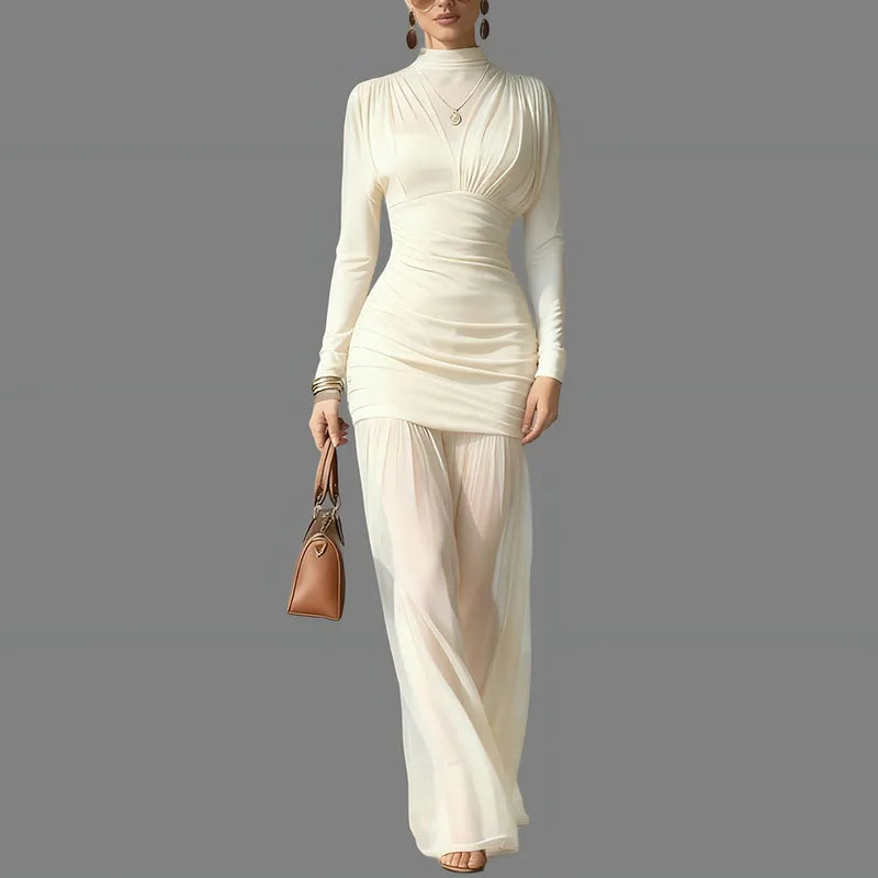 2026 Spring Turtleneck Splicing Chiffon Long Dress Woman Sexy Hollow Slim Pleated Dress New Long Sleeve Mesh Elegant Party Dress