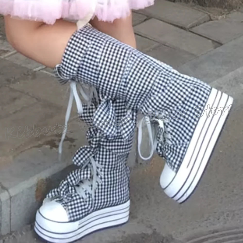 Checkered Canvas Boots Knee High Platform Lace-Up Mixed Color Fashion Elegant Luxury Novelty Women Shoes Round Toe Thick Bottom