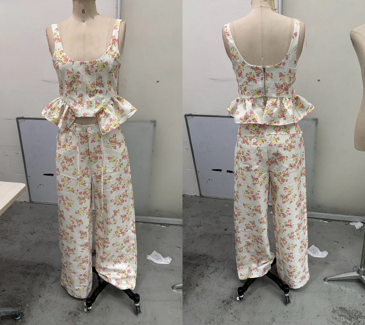 Urban Printed Vest and Wide Leg Pants Two Piece Set for Women