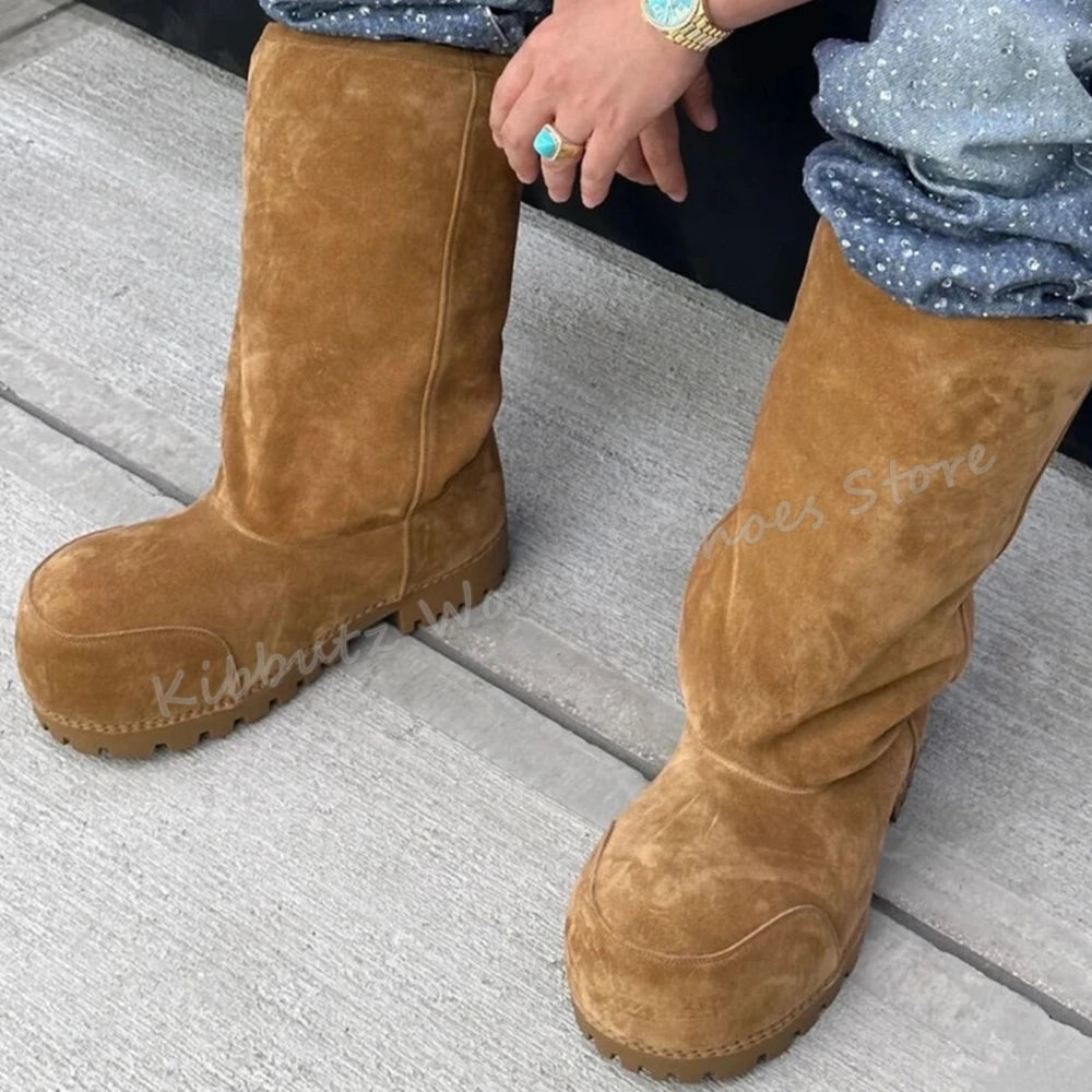 Suede Warm Winter Snow Boots Knee High Big Round Toe Flat With Outdoor Fashion Concise Luxury Sexy Novelty Slip-On Shoes Newest