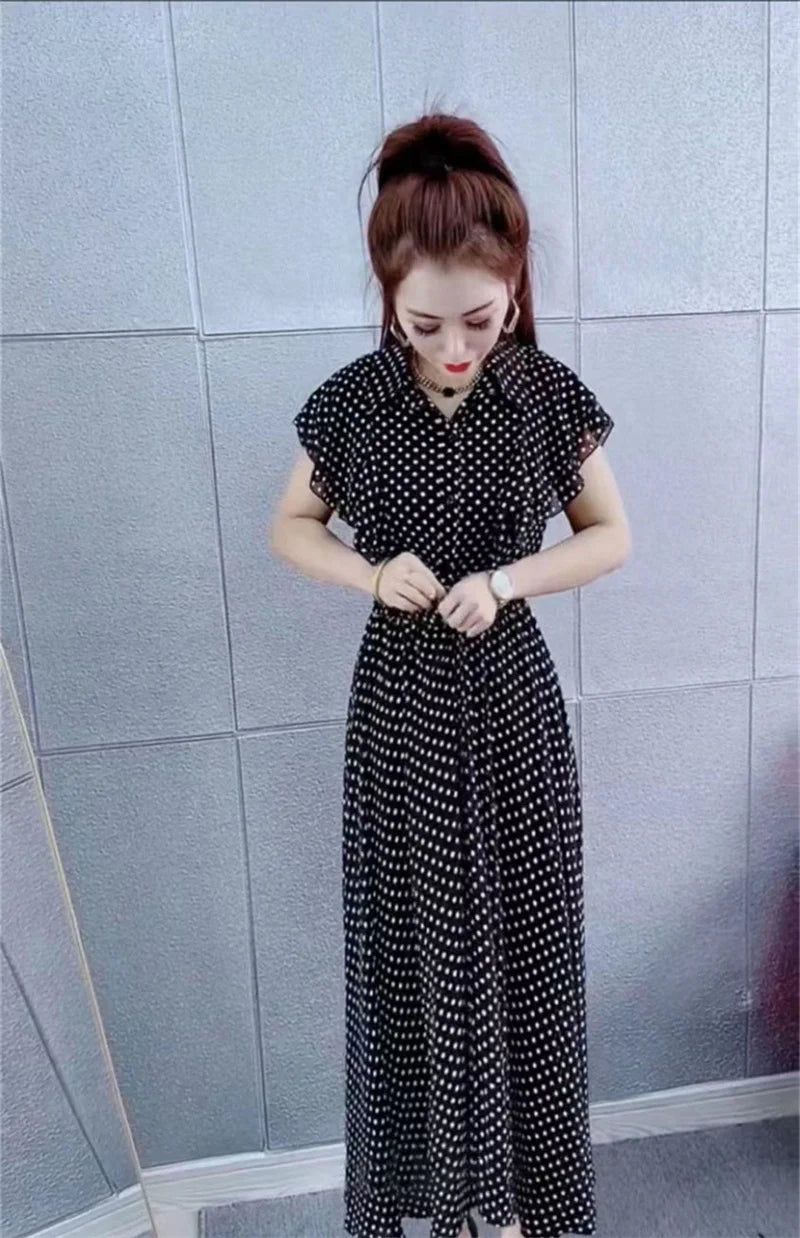 Fashion Dress Set Women's 2024 Summer New Polka Dot Style Sweet and Slim Ruffle Dress+Apron Two Piece Set Black V-Neck Dress Lad