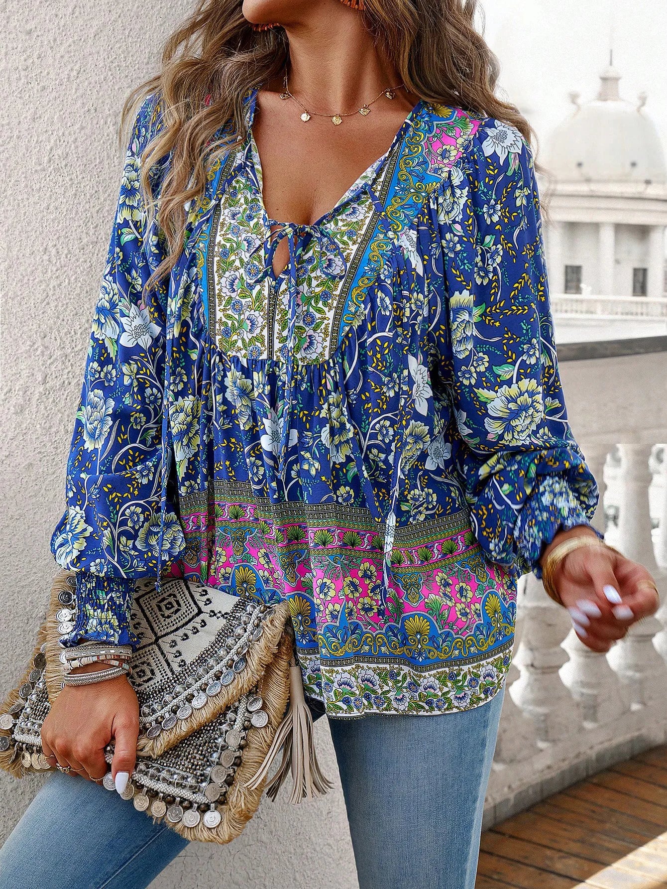 2025 Spring Summer Printed Shirt Women Elegant Chiffon V-neck Long-sleeve Top