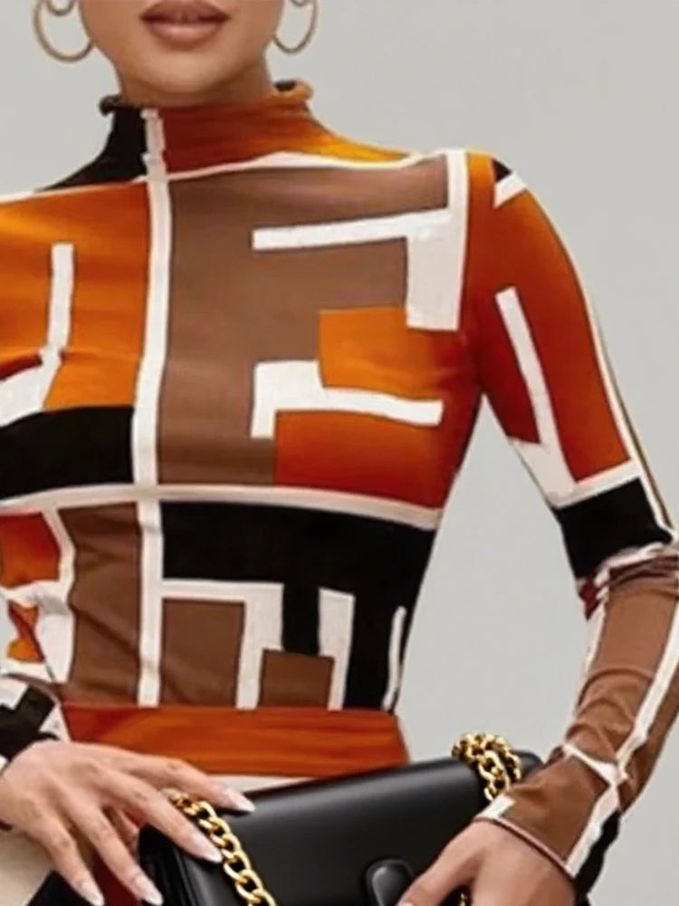 Pullover High Neck T-Shirts Tops Geometric Printed Long Sleeves Skinny Simple Fashion Autumn Winter famale clothing