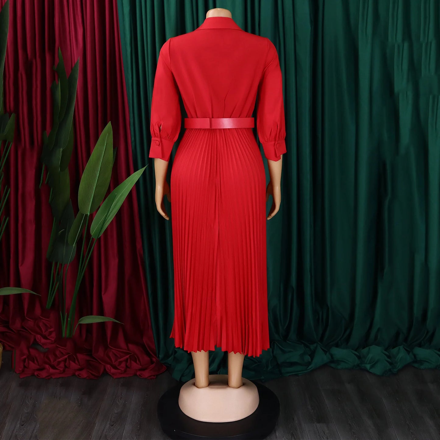 Elegant Office Dresses for Women Pleated Deep V Neck Full Sleeve Belt Waisted Ankle Length African Business Work Wear Dress New